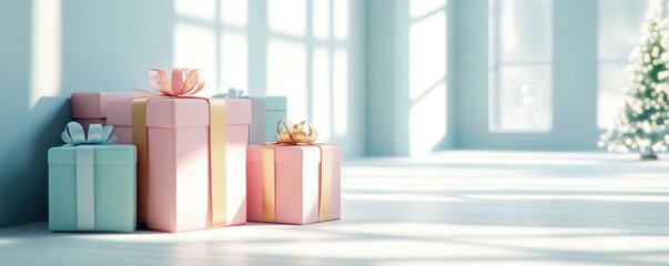 Beautifully wrapped Christmas gifts in a sunlit room