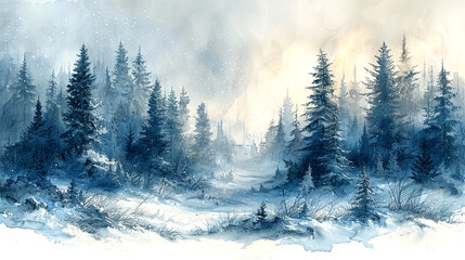 Obraz premium Serene winter landscape with snow-covered trees during a gentle snowfall at dawn