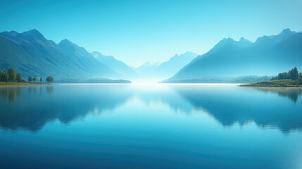 Serene mountain lake reflecting a clear blue sky