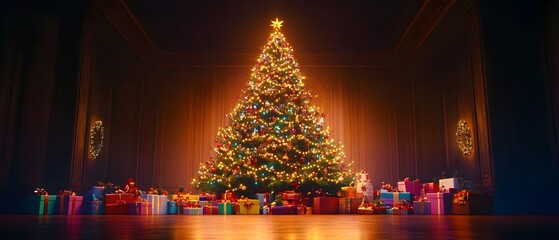 Festive Christmas Tree with Colorful Lights and Gifts