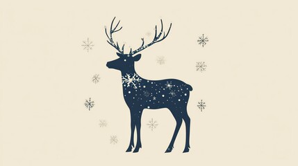 A stylized silhouette of a reindeer with snowflakes inside and around it against a light beige background.