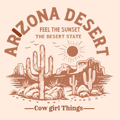 Desert vibes vector graphic t shirt  print design , print design for apparel, Vintage Style Arizona Desert Sunset With Text and Cacti