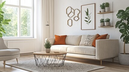 Modern living room with a beige sofa and a coffee table, a potted plant and a leafy print on the wall