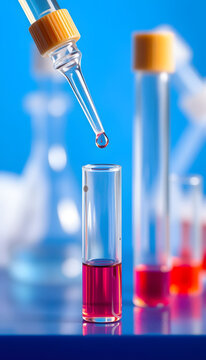 Chemical pipette with a drop of liquid and a test tube on a blue background. Chemical laboratory with reagents for experiments isolated with white highlights, png