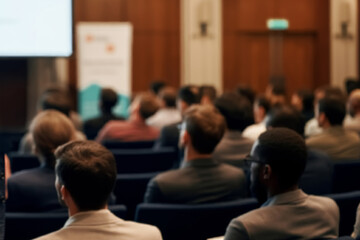 Fototapeta premium Presenter Presenting on Stage at Conference Meeting. Professional Lecture. Presenter and Audience. Corporate Executive Manager Speaker. People Attendees