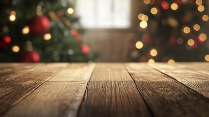 Empty wooden table in front of blurred Christmas tree lights.