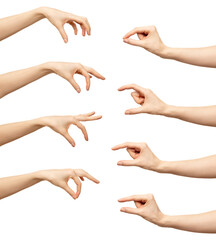 Six different poses of a woman's hand against a white background. The woman is making a grabbing motion with her fingers, as if she is picking something up