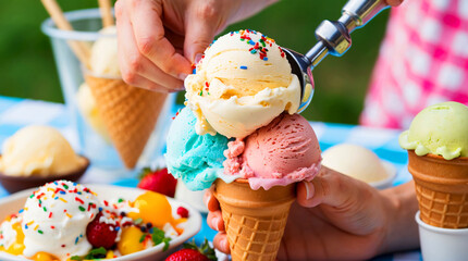 Vanilla, strawberry, and blue ice cream scoops in a waffle cone with sprinkles, being served outdoors, close-up