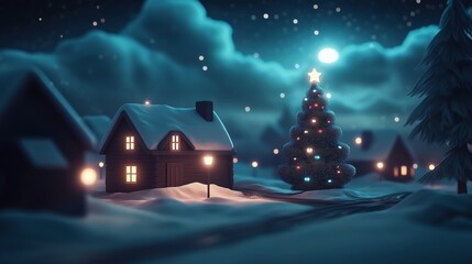 Fototapeta premium A snowy village scene with small cottages, glowing streetlights, and a large Christmas tree in the center, creating a festive atmosphere 