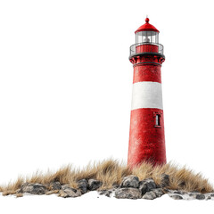 Red and white lighthouse with rocks and grass, white isolated background.
