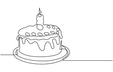 Continuous line drawing of a birthday cake with candle,Continuous Line Drawing of Happy Birthday Icon. Hand Drawn Symbol Vector Illustration, one continuous line drawing of birthday cake
