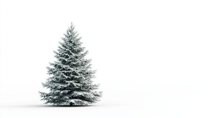 Fototapeta premium A snow-covered evergreen tree stands tall against a white background, its branches laden with a fresh dusting of powder.