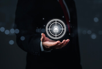 Businessman touching human with focus icon for recruitment development concept and global business structure of network, analysis and data exchange.