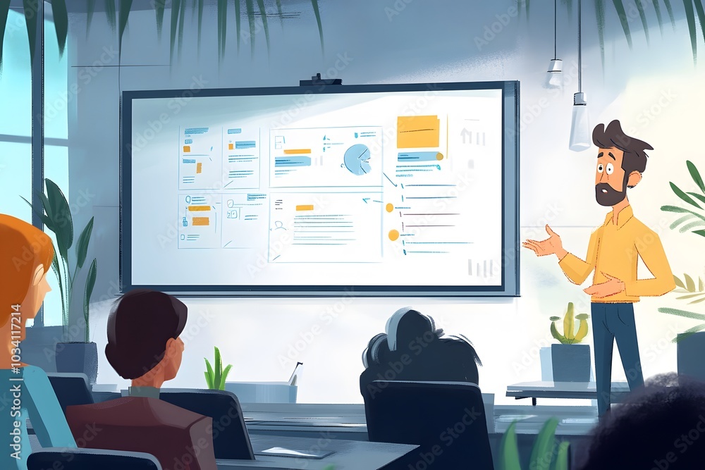 Poster a man giving a presentation with charts and graphs on a whiteboard in an office setting