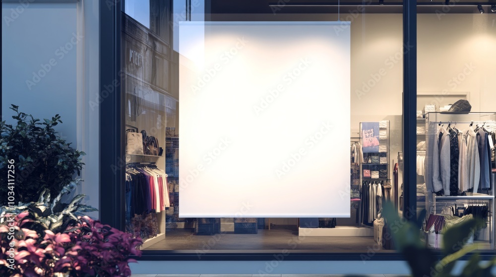 Poster a retail store features a blank window display as dusk approaches, showcasing neatly arranged clothi
