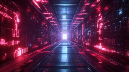 A glowing futuristic hallway with a bright light at the end of the tunnel.