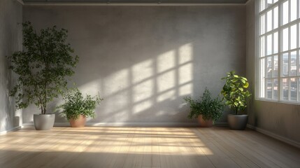 Sunlight streams through a large window, casting shadows on the wall of this minimalist room.  The plants add a touch of greenery and life.