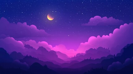 Fototapeta premium A dreamy night sky with a crescent moon and twinkling stars, above a silhouette of purple mountains.