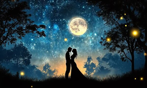 Silhouetted couple embracing under a large moon surrounded by a starry sky and glowing fireflies in trees