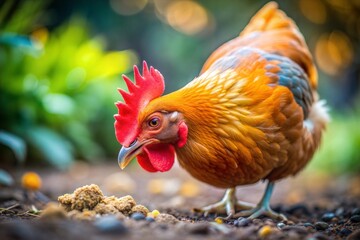 Fototapeta premium Rooster looking at food in garden farm animal close-up