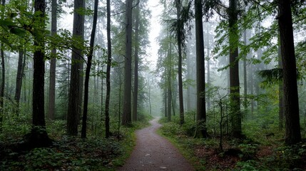 Fototapeta premium A serene forest path surrounded by tall trees in a misty atmosphere, perfect for nature lovers and adventurers.