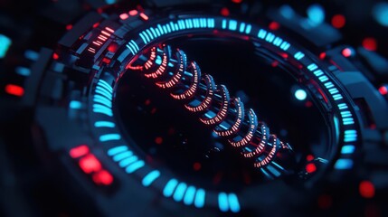 Futuristic tech design with glowing blue and red elements, intricate circular patterns