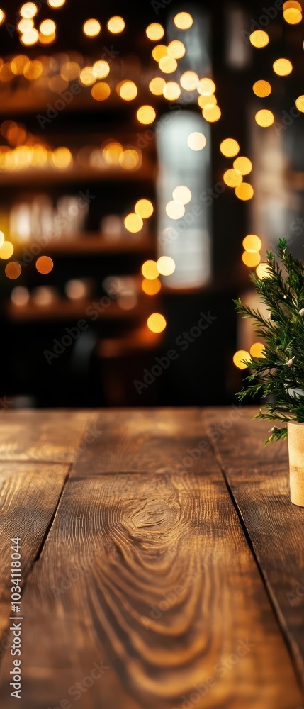 Poster rustic wooden table and shelf setup in a stylish coffee shop, with soft bokeh lights in the backgrou
