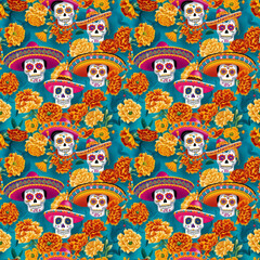 Fototapeta premium Tile seamless Day of the Dead skulls and marigolds pattern with sombreros.