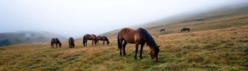 Fototapeta premium Herd of horses grazing peacefully on a foggy hillside.