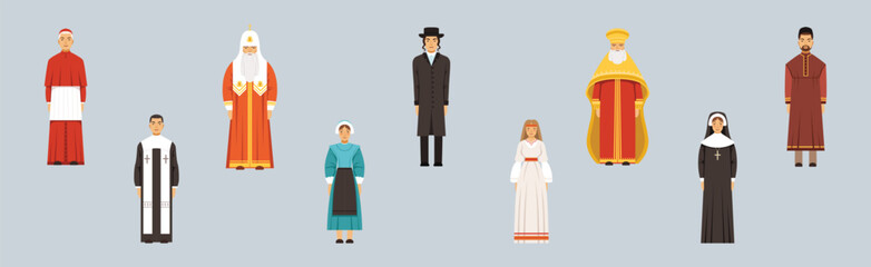 Religious People Different Character Man and Woman Standing Vector Set