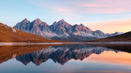 Majestic mountains reflect in a serene lake at sunset, showcasing nature's beauty and tranquility.