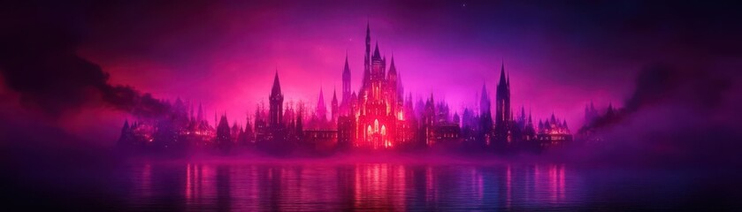 Fototapeta premium Majestic castle illuminated by colorful lights against a twilight sky.