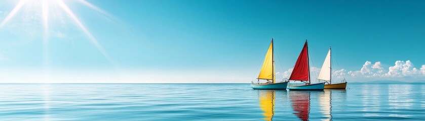 Fototapeta premium Sailboats with colorful sails floating on calm blue sea under bright sunlight.