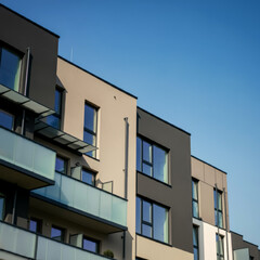 Modern residential apartment building exterior. New luxury house and home complex. City Real estate property and condo architecture.