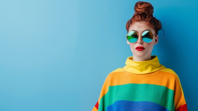 A woman poses confidently in a colorful sweater and sunglasses against a vibrant blue backdrop during a sunny day