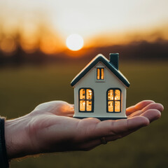 New home concept. Male hand showing, offering a new dream house at the sunset empty field. Desire to own an apartment.