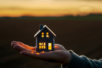 New home concept. Male hand showing, offering a new dream house at the sunset empty field. Desire to own an apartment.