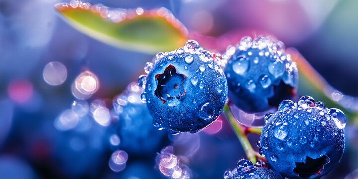 Close-up shot of beautiful ripe blueberries covered in dew drops in a garden on sunny day. Vaccinium in nature, vivid colorful background.