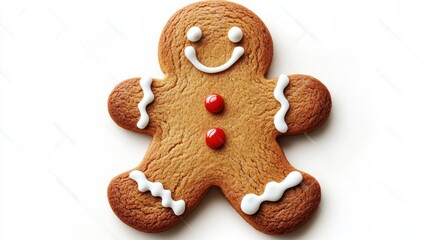A gingerbread man cookie with a smile and red buttons, a classic holiday treat.