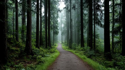 Obraz premium Serene forest path surrounded by tall trees, misty atmosphere, inviting tranquility.