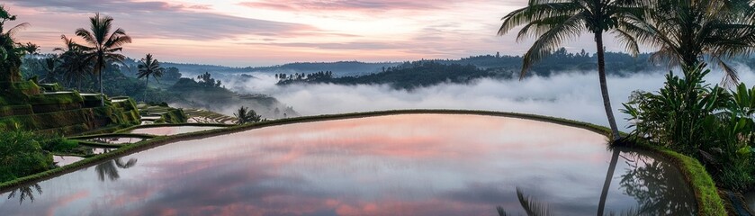 Fototapeta premium Serene landscape with rice terraces, tropical plants, and a misty horizon at sunrise.