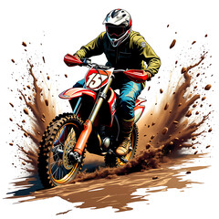 Obraz premium Art of a dirt bike racing through a muddy trail, splashes of mud and debris surrounding it.