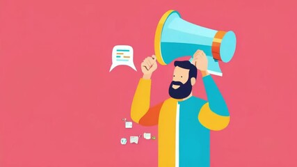 A man with a megaphone promotes communication and engagement in a colorful, modern design.