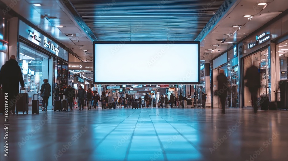 Poster passengers navigate through a busy airport terminal featuring a prominent blank advertising screen, 