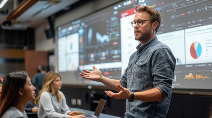A teacher leads an engaging discussion on data analysis techniques while students focus intently on their laptops