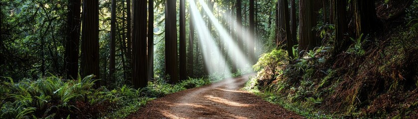 Fototapeta premium Sunlight filtering through tall trees in a serene forest path.