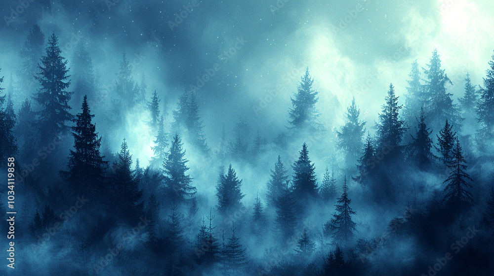 Poster mysterious fog envelops a tranquil forest at dusk, creating an ethereal atmosphere