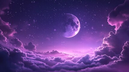 A crescent moon shines brightly in a purple night sky, surrounded by fluffy clouds and sparkling stars.