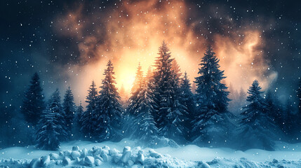 A mystical winter evening as trees glow with warm light amidst falling snow