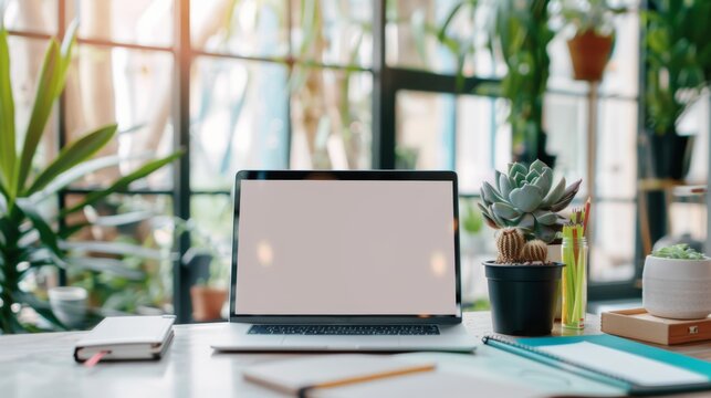 A serene workspace setup featuring a laptop, plants, and stationery in a bright room filled with natural light